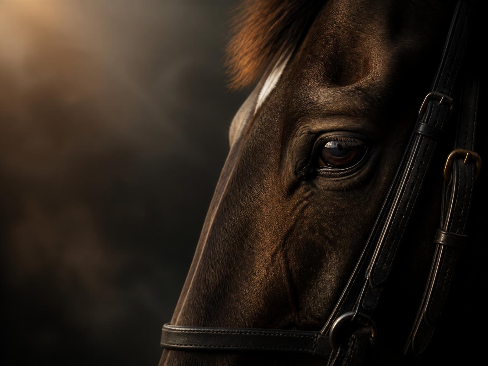 Close detail of a Thoroughbred's eye and bridle at dawn